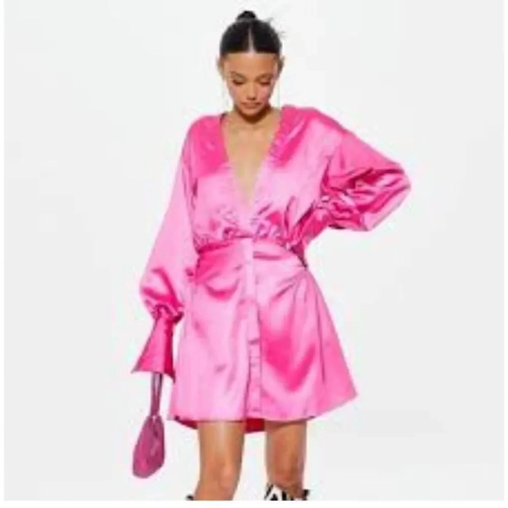 Missguided Women's Hot Pink Poly/Spandex Satin Plunge Wrap Dress - Picture 11 of 11